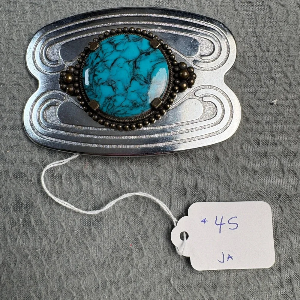Western Turquoise Faux Stone Belt Buckle Silver Bronze Tone Scroll Etched Large